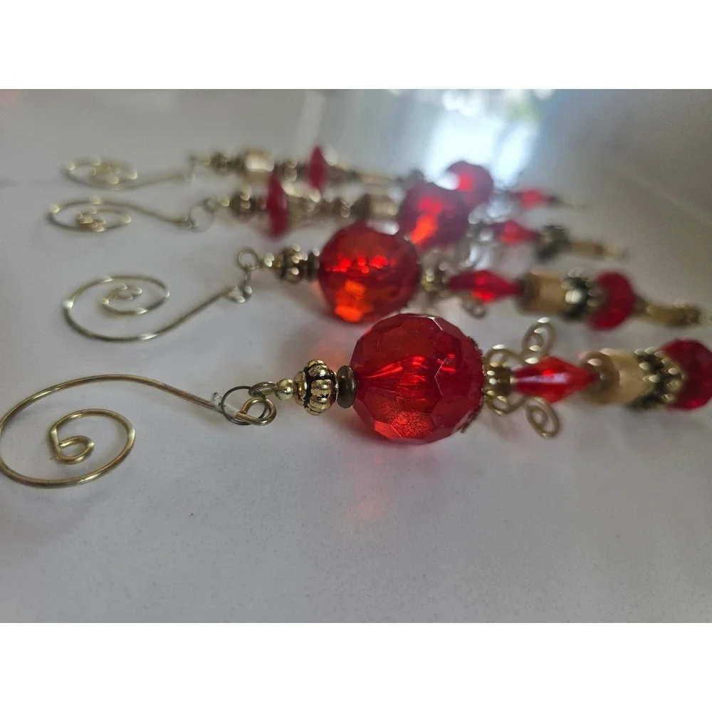 Vintage Style Red and Gold Beaded Icicle Christmas Ornaments Set of 4 Hanging